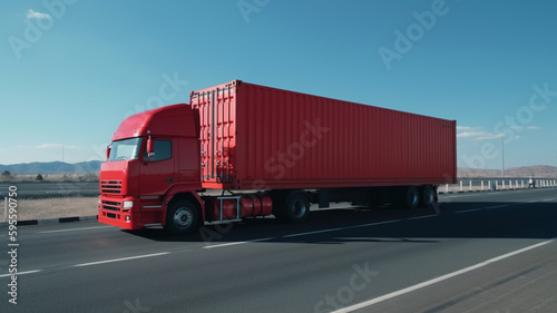 Solid red truck driving on the highway at dawn against blue sky background. generative Ai