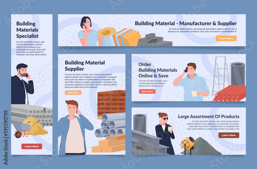 Building material manufacturer and supplier online order service landing page set vector