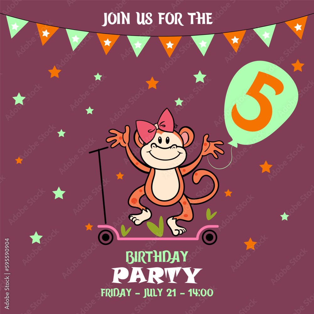 Fototapeta premium little monkey, children's birthday invitation template with monkey, cute baby girl kids party invitation, birthday invitation, 5 years, join us for the birthday party, baby shower 