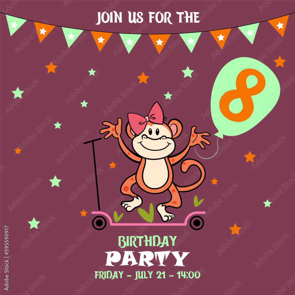 Fototapeta premium little monkey, children's birthday invitation template with monkey, cute baby girl kids party invitation, birthday invitation, 8 years, join us for the birthday party, baby shower 