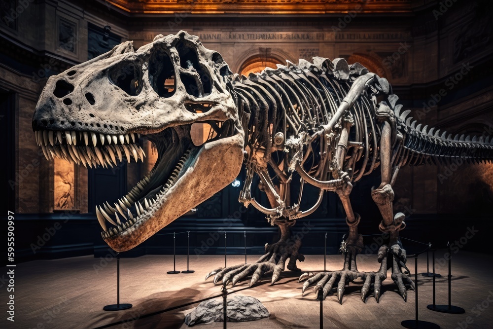 tyrannosaurus rex skeleton on display in museum, surrounded by scientific instruments and models, created with generative ai tyrannosaurus rex skeleton on display in museum, surrounded by scientific instruments and models, created with generative ai