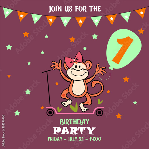 little monkey, children's birthday invitation template with monkey, cute baby girl kids party invitation, birthday invitation, 1 year, join us for the birthday party, baby shower	