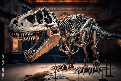 tyrannosaurus rex skeleton on display in museum  surrounded by scientific instruments and models  created with generative ai