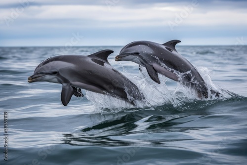 group of baby dolphins leaping and playing together in the ocean, created with generative ai © Natalia