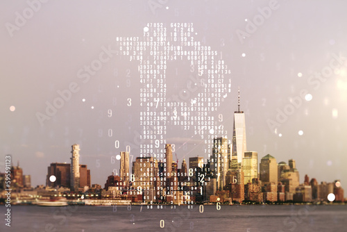 Virtual Bitcoin hologram on New York city skyline background. Multiexposure