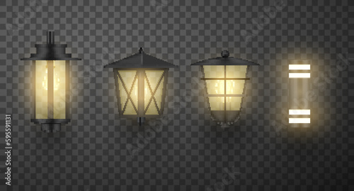 Street wall lights different shape outdoor garden illuminated lamps set realistic vector