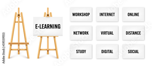 Realistic paint desk with text on white canvas. Wooden easel and a sheet of drawing paper. Presentation board on a tripod. Online studying, e-learning and education, web tutorial. Vector illustration