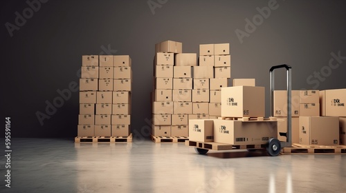 Warehouse with cardboard boxes inside on pallets racks, logistic center. Huge, large modern warehouse. Warehouse filled with cardboard boxes on shelves, boxes stand on pallets, 3D Illustration © EZPS