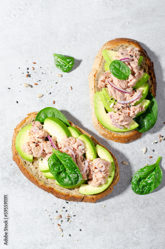 Tuna Avocado Toasts, Healthy Snack or Breakfast on Bright Background