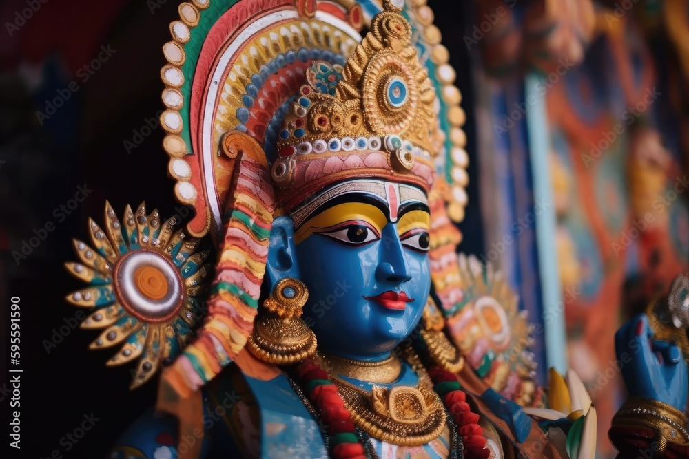 close-up of colorful statue of hindu deity in temple, created with generative ai