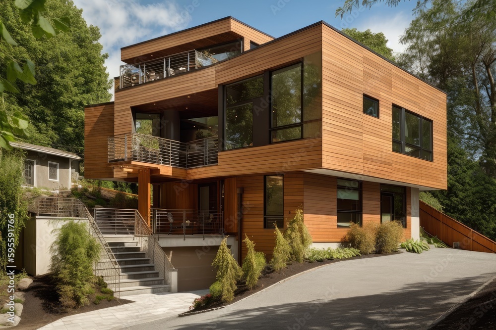 single family home built with sustainable materials and energy-efficient features, created with generative ai