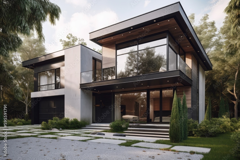 modern single-family home with sleek exterior and interior, featuring open floor plan and large windows, created with generative ai