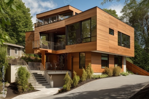 single family home built with sustainable materials and energy-efficient features, created with generative ai
