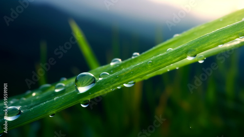 Drops or dewdrops on green grass, spring background. Ai generative