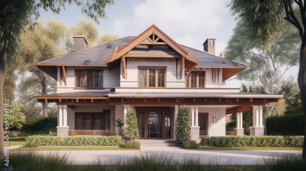 Bungalow exterior house design in daytime golden hour generative ai