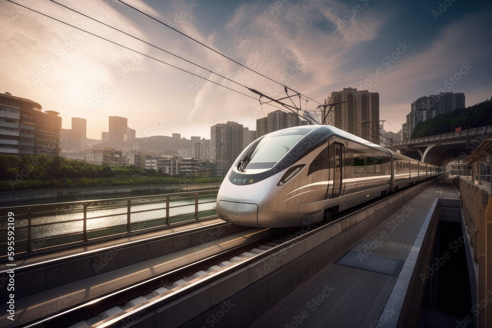 Naklejka premium high-speed train running across bridge, with view of the city in the background, created with generative ai