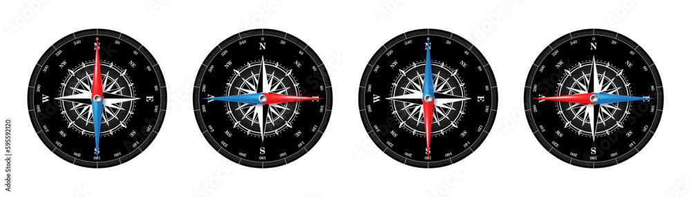 Marine compass, nautical wind rose with cardinal directions of North, East, South, West and degree markings. Geographical position and orientation, cartography and navigation. Vector illustration Marine compass, nautical wind rose with cardinal directions of North, East, South, West and degree markings. Geographical position and orientation, cartography and navigation. Vector illustration
