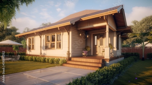 Bungalow exterior house design in daytime golden hour generative ai