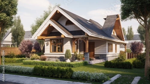 Bungalow exterior house design in daytime golden hour generative ai