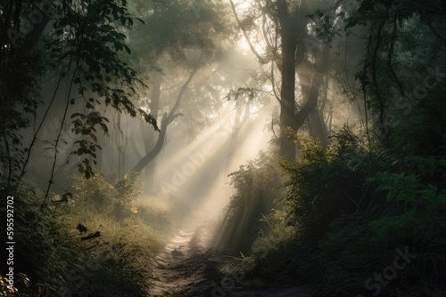 a misty morning in the forest, with light filtering through the trees, created with generative ai