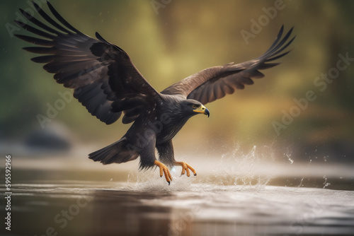 A large eagle swooping down to catch fish in its claws, with water splashing around - Generative AI