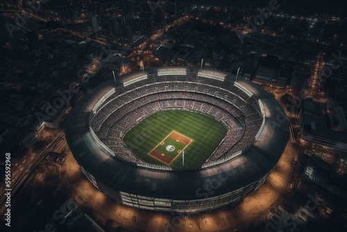 Round cricket stadium lit up with crowds at night viewed from above. Generative AI