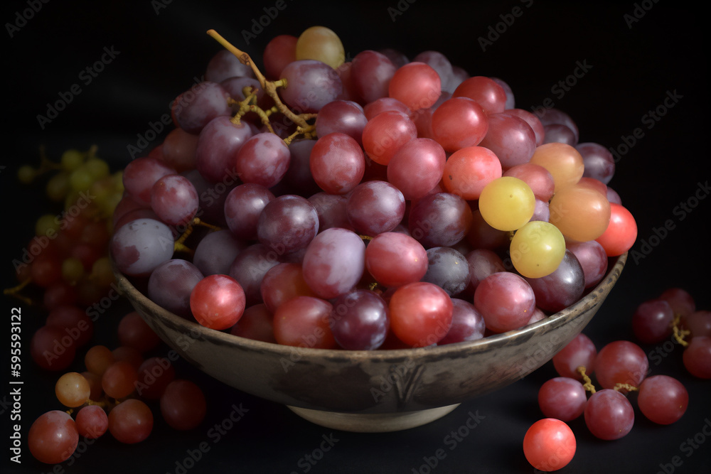 A dessert bowl of fresh grapes from a wine making vineyard full of health benefits and vitamins which could be used to make an alcoholic drink, computer Generative AI stock illustration image A dessert bowl of fresh grapes from a wine making vineyard full of health benefits and vitamins which could be used to make an alcoholic drink, computer Generative AI stock illustration image