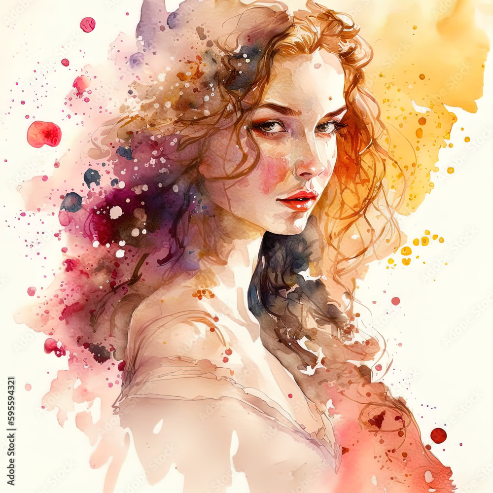 portrait of a woman with flowers (watercolor style)