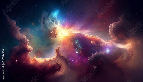 Supernova nebular explosion background showing the universe full of celestial stars in the night sky during a cosmic event in a galaxy making a dust cloud, computer Generative AI stock illustration