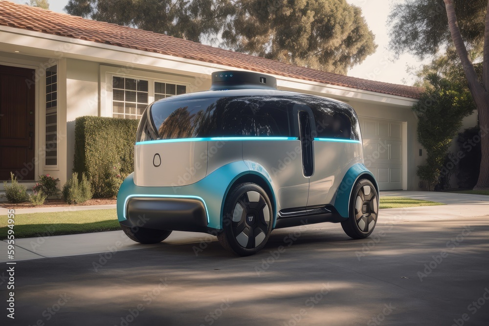autonomous vehicle delivering package to customer's front door, created with generative ai