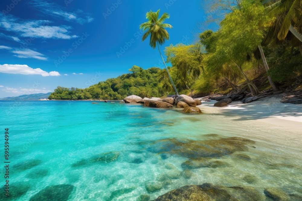 tropical beach with palm trees and clear blue waters, created with generative ai