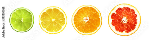 Collection of fresh citrus fruits isolated on white background. Slices of lime, lemon, orange, grapefruit.