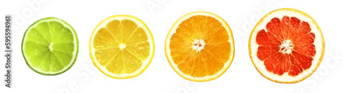 Obraz  z motywem Collection of fresh citrus fruits isolated on white background. Slices of lime, lemon, orange, grapefruit.
