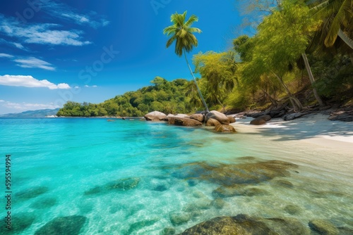 tropical beach with palm trees and clear blue waters  created with generative ai