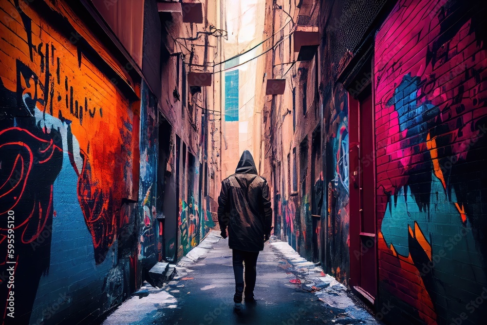 person, exploring intriguing and unfamiliar graffiti-covered alleyway, created with generative ai