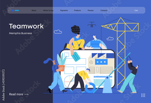 Memphis business illustration. Teamwork -modern flat vector concept illustration of people working together, building a company website, collaboration concept. Commerce business sales metaphor.