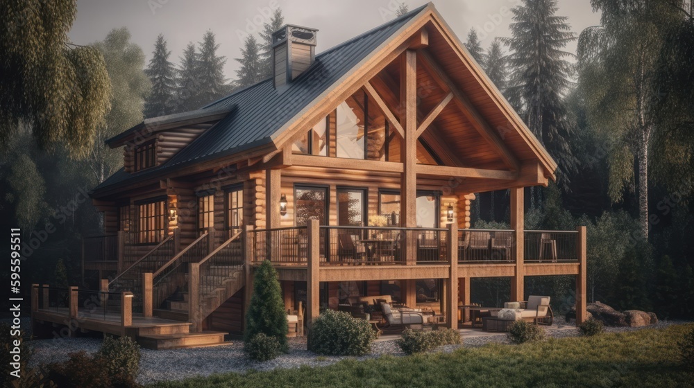 Cabin exteror house design in daytime golden hour generative ai