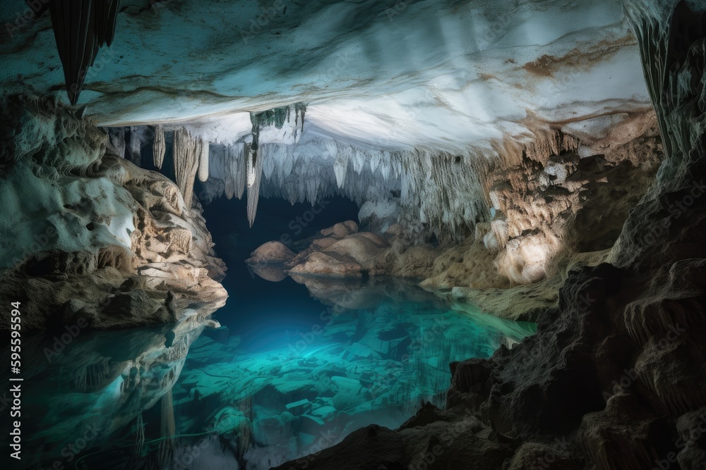 Naklejka premium cave with crystal-blue water, and spelunking formations visible in the background, created with generative ai