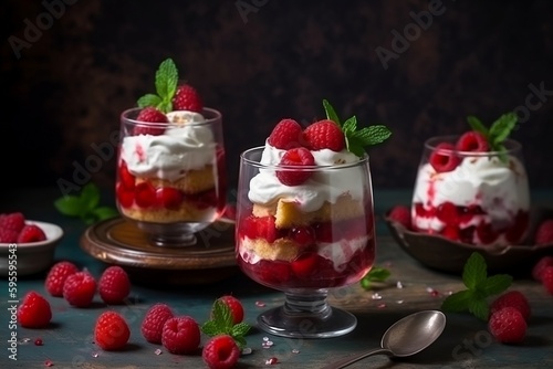 Sweet food background. Cake with raspberries. Generative AI.