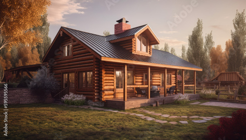 Cabin exteror house design in daytime golden hour generative ai © Hixel