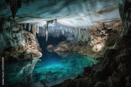 cave with crystal-blue water, and spelunking formations visible in the background, created with generative ai
