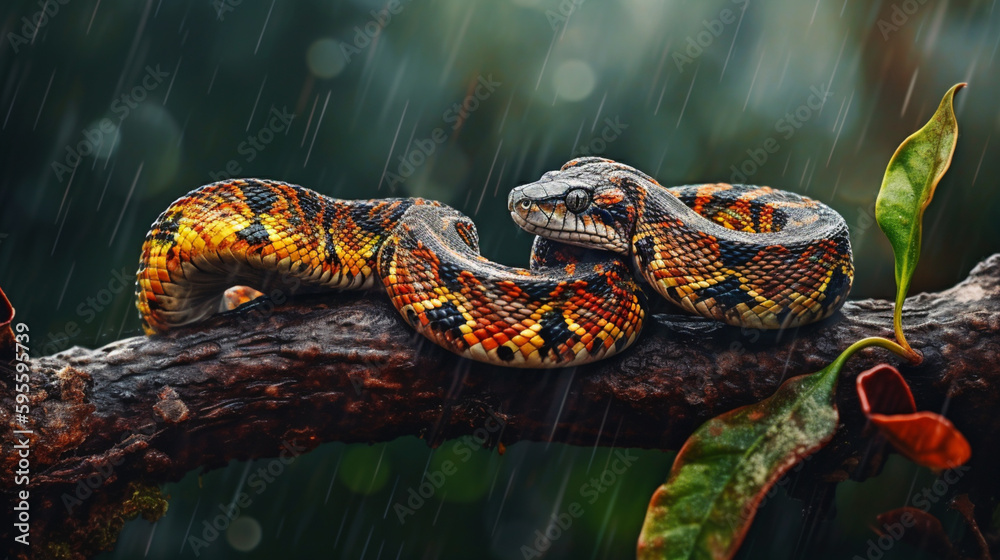 Macro shot of a colorful highly venomous and deadly snake coiled on a branch during rain. generative AI