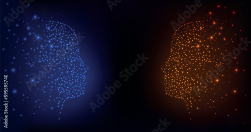 Human faces in profile from stars. Dialogue, contact, conversational exchange between two individuals. The battle of opposites, good and evil, fire and ice, man and woman. Two glowing heads