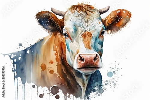 Watercolor cow illustration white background,Generative AI