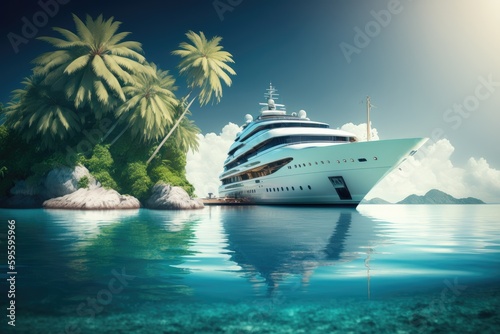 luxury yacht anchored in tropical lagoon with palm trees in the background, created with generative ai © Natalia