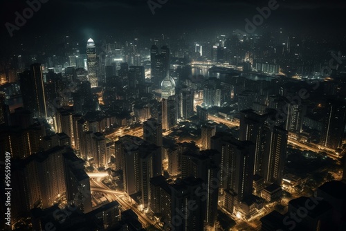 Cityscape illuminated after dark. Generative AI