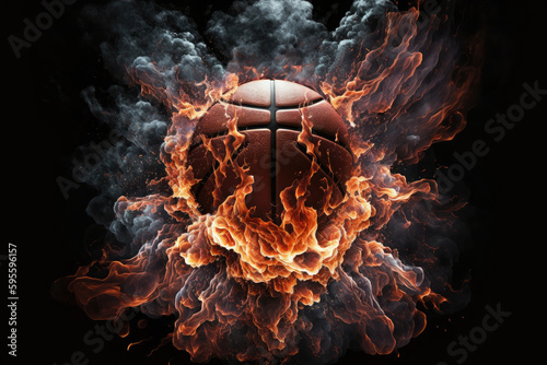 AI generated flying burning basketball in fire at black background