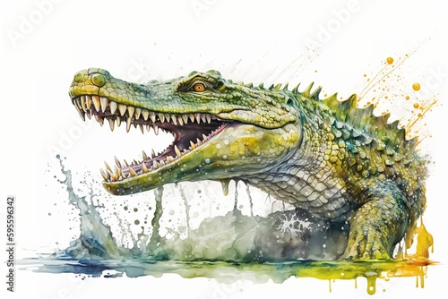 Watercolor Crocodile illustration white background,Generative AI © simon