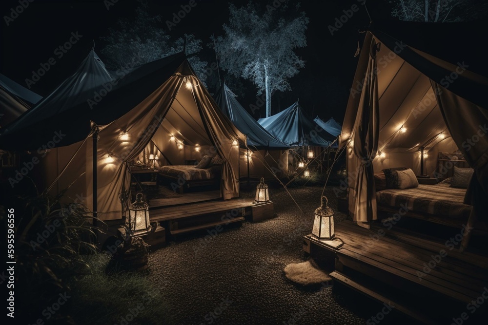 Illuminated glamping tents in the dark. Generative AI