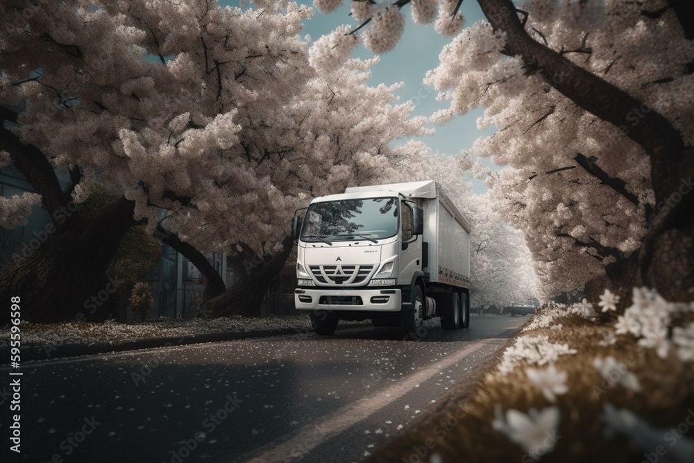 A compact truck hauling commercial goods drives through an urban area lined with blossoming trees in spring. Generative AI